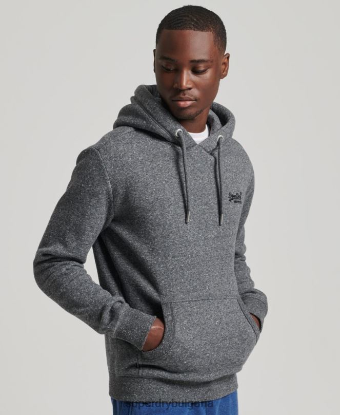 Superdry облекло N00H5069 тъмно сив мъже качулка с ретро лого от органичен памук