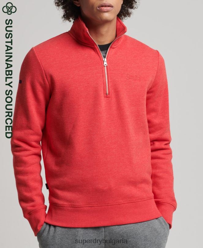 Superdry облекло N00H5071 червен мъже органичен памук винтидж суичър с лого и хенли с цип