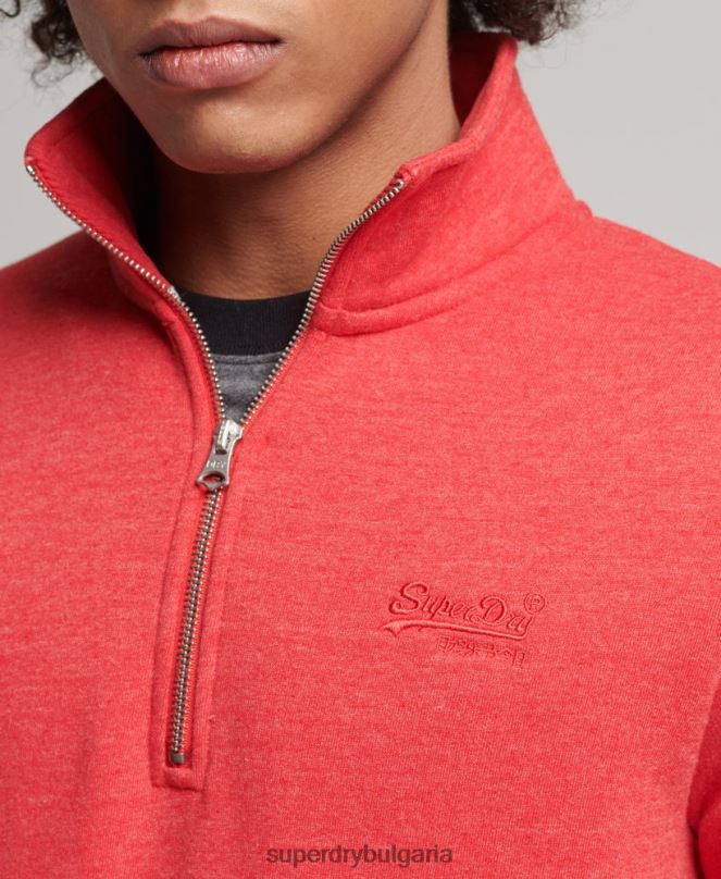 Superdry облекло N00H5071 червен мъже органичен памук винтидж суичър с лого и хенли с цип