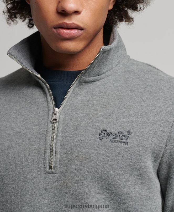 Superdry облекло N00H5076 сиво мъже органичен памук винтидж суичър с лого и хенли с цип