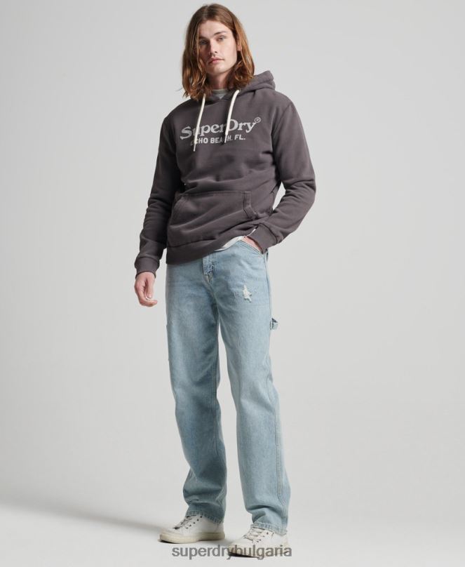 Superdry облекло N00H508 тъмно сив мъже ретро класически суичър с качулка