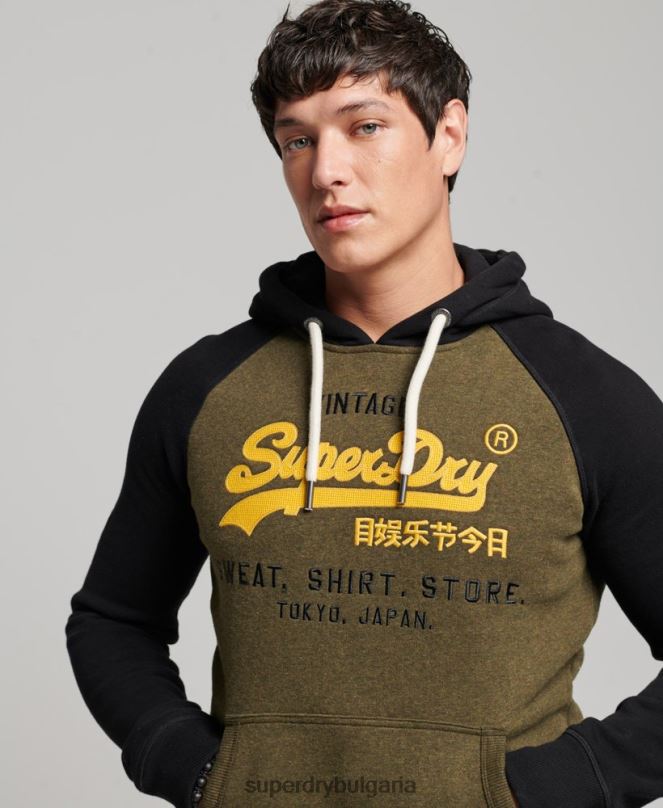 Superdry облекло N00H509 черен мъже реглан качулка с ретро лого от органичен памук