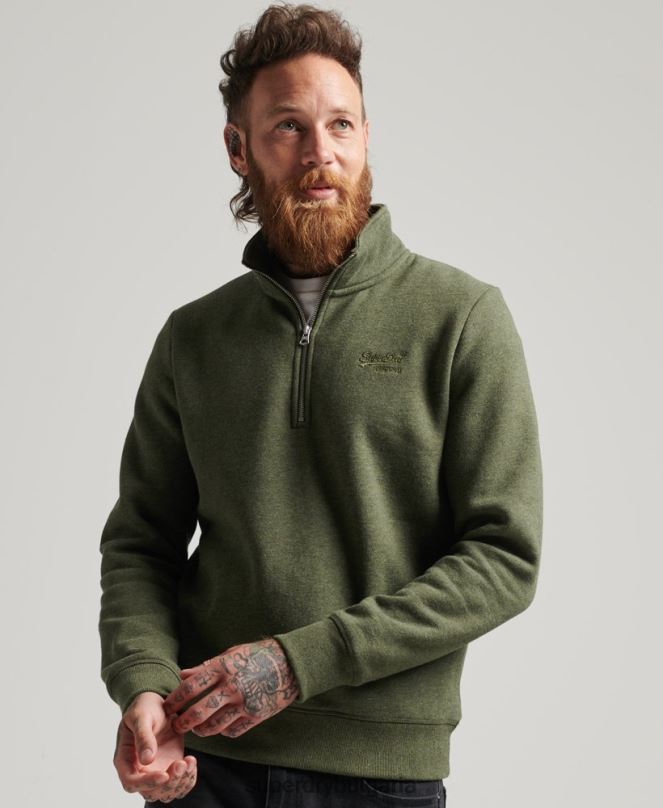 Superdry облекло N00H5092 каки мъже суичър с половин цип с лого от органичен памук