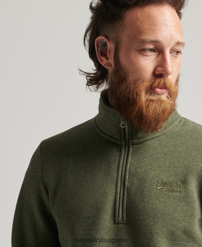 Superdry облекло N00H5092 каки мъже суичър с половин цип с лого от органичен памук
