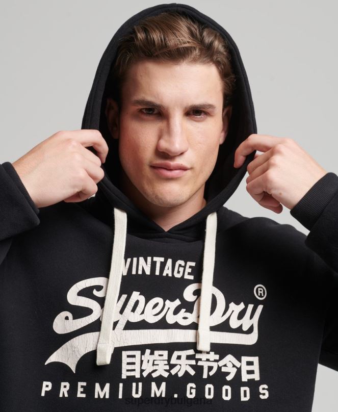 Superdry облекло N00H5093 черен мъже ретро лого наследство качулка