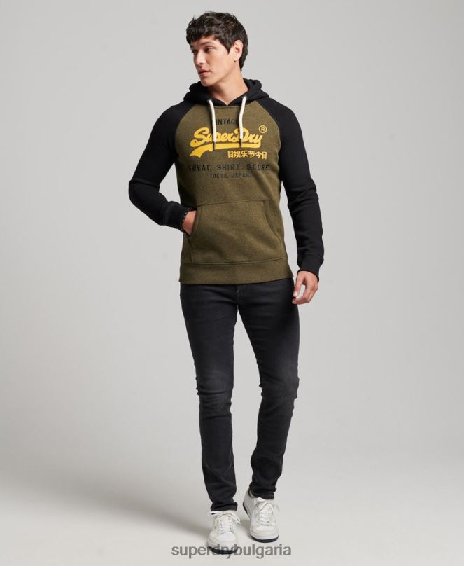 Superdry облекло N00H509 черен мъже реглан качулка с ретро лого от органичен памук