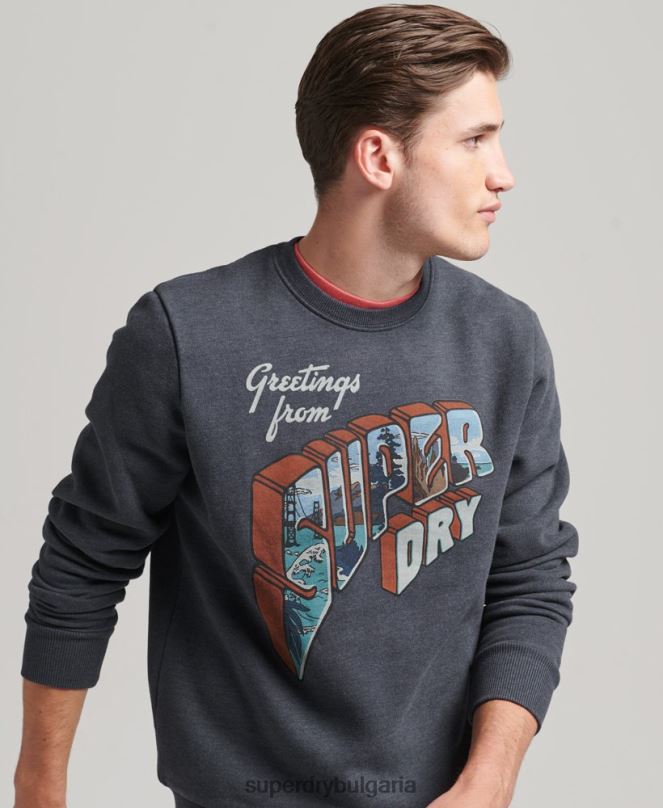 Superdry облекло N00H510 военноморски флот мъже стикер за пътуване суитшърт на екипажа