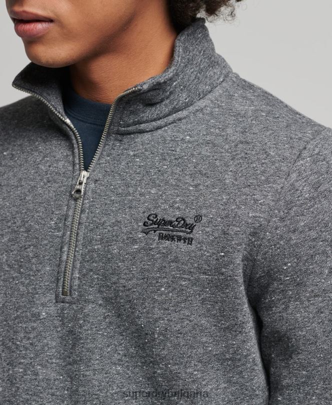 Superdry облекло N00H5105 тъмно сив мъже органичен памук винтидж суичър с лого и хенли с цип