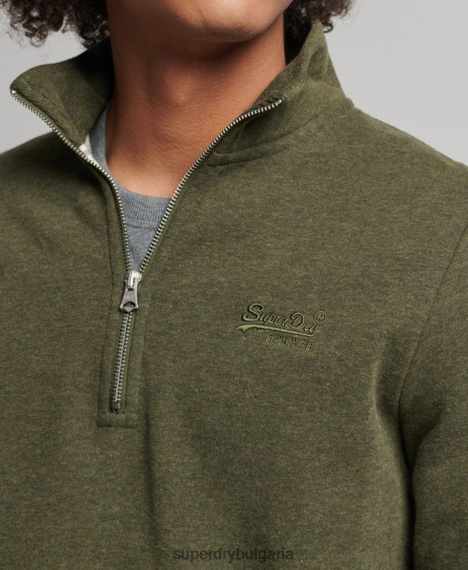 Superdry облекло N00H5122 каки мъже органичен памук винтидж суичър с лого и хенли с цип