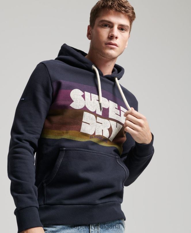 Superdry облекло N00H5135 военноморски флот мъже Худи на райета от 70-те