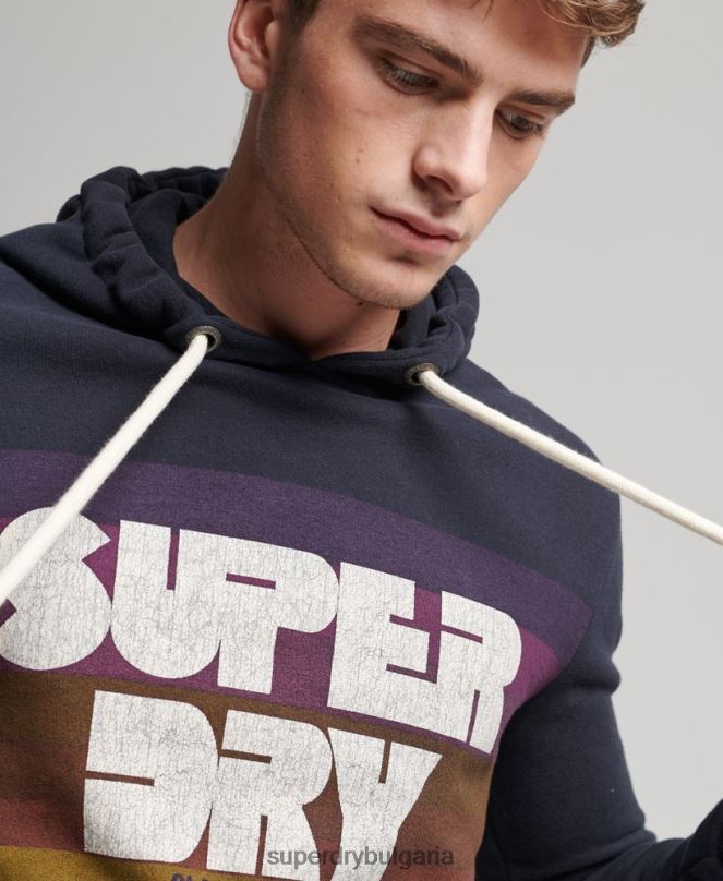 Superdry облекло N00H5135 военноморски флот мъже Худи на райета от 70-те