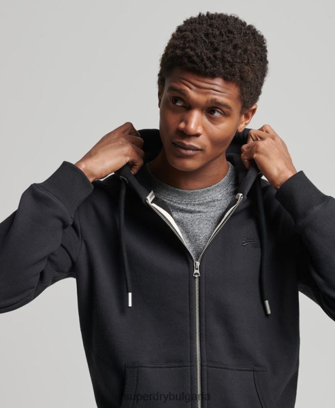 Superdry облекло N00H516 черен мъже качулка с ретро лого и цип от органичен памук
