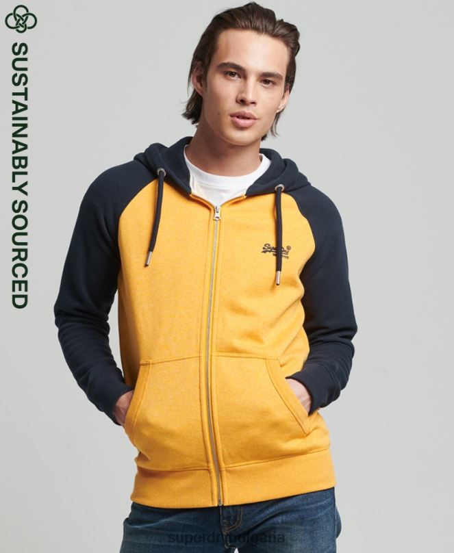 Superdry облекло N00H5174 жълто мъже качулка с ретро бейзболно лого от органичен памук