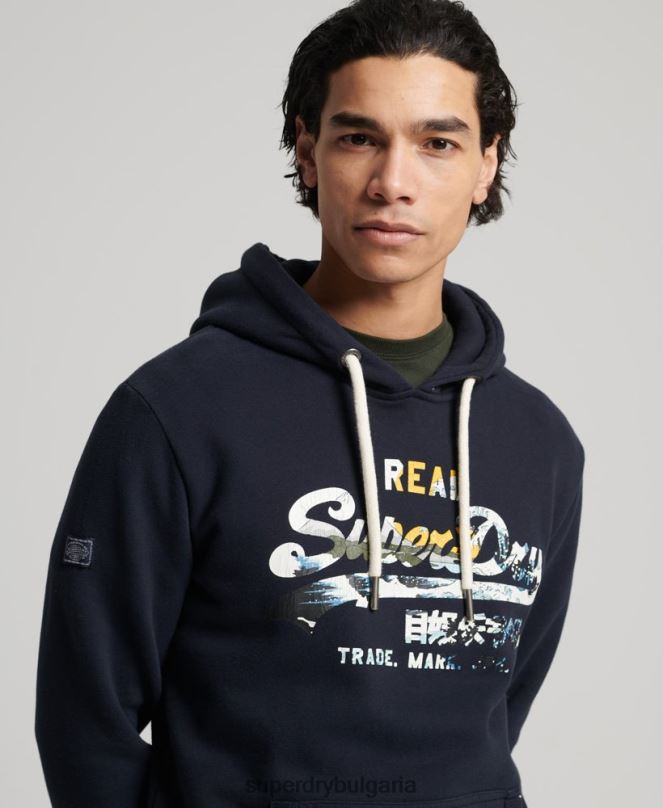 Superdry облекло N00H5186 военноморски флот мъже винтидж качулка с лого