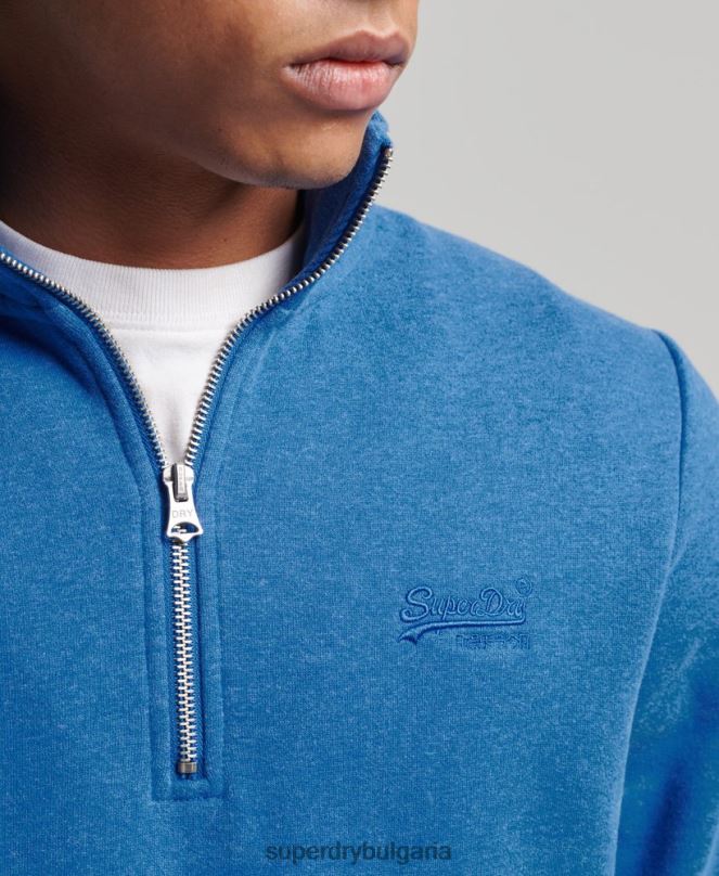 Superdry облекло N00H5193 син мъже органичен памук винтидж суичър с лого и хенли с цип