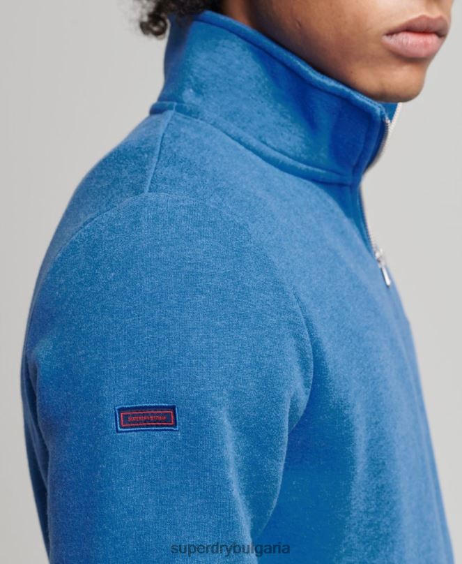 Superdry облекло N00H5193 син мъже органичен памук винтидж суичър с лого и хенли с цип