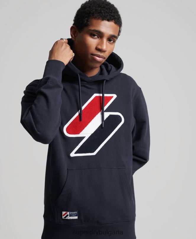 Superdry облекло N00H5216 военноморски флот мъже качулка с лого от шенил