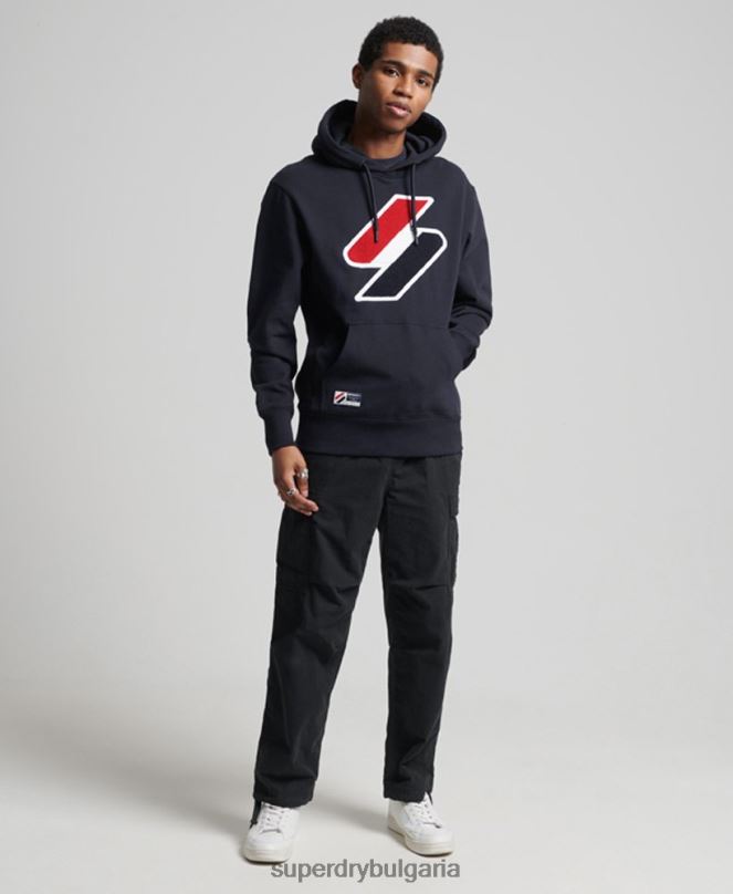 Superdry облекло N00H5216 военноморски флот мъже качулка с лого от шенил