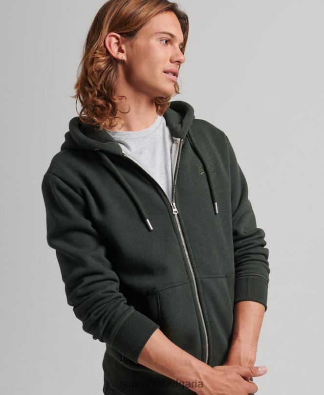 Superdry облекло N00H525 зелено мъже качулка с ретро лого и цип от органичен памук