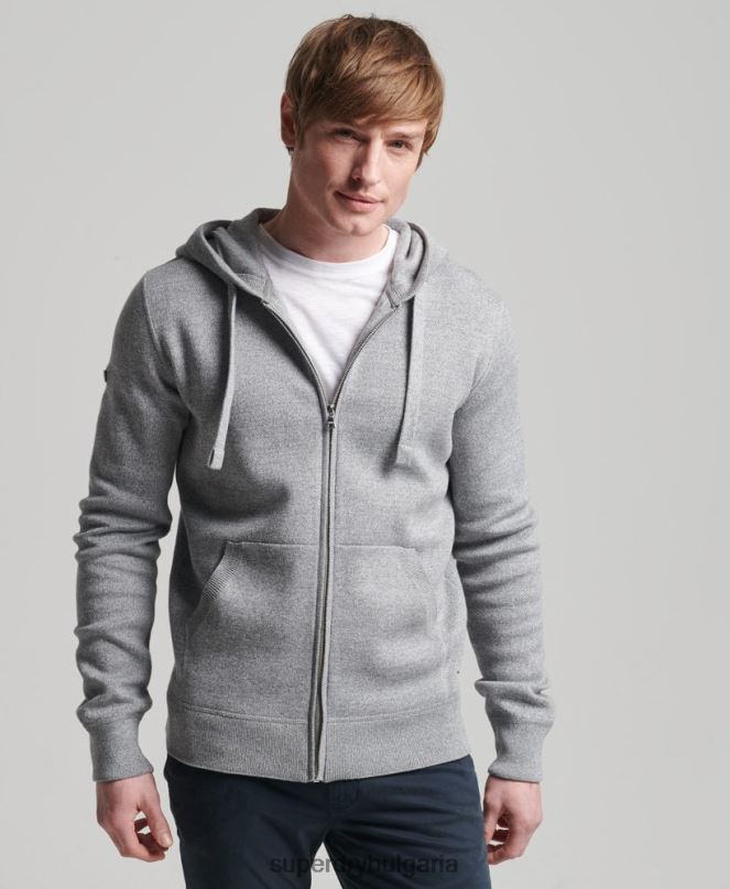 Superdry облекло N00H5257 сиво мъже качулка с цип от органичен памук