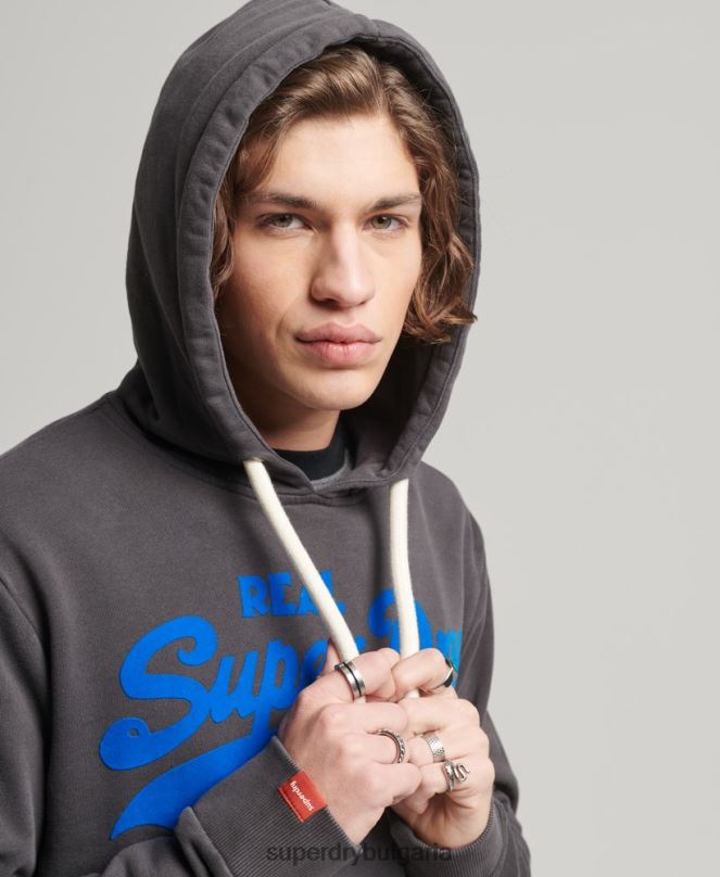 Superdry облекло N00H544 тъмно сив мъже неонова качулка с винтидж лого