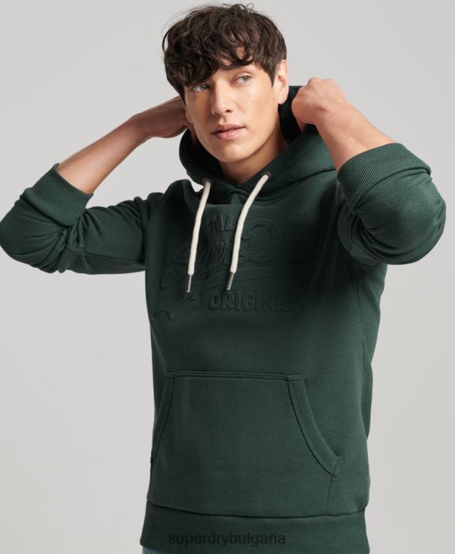 Superdry облекло N00H546 зелено мъже ретро качулка с релефно лого
