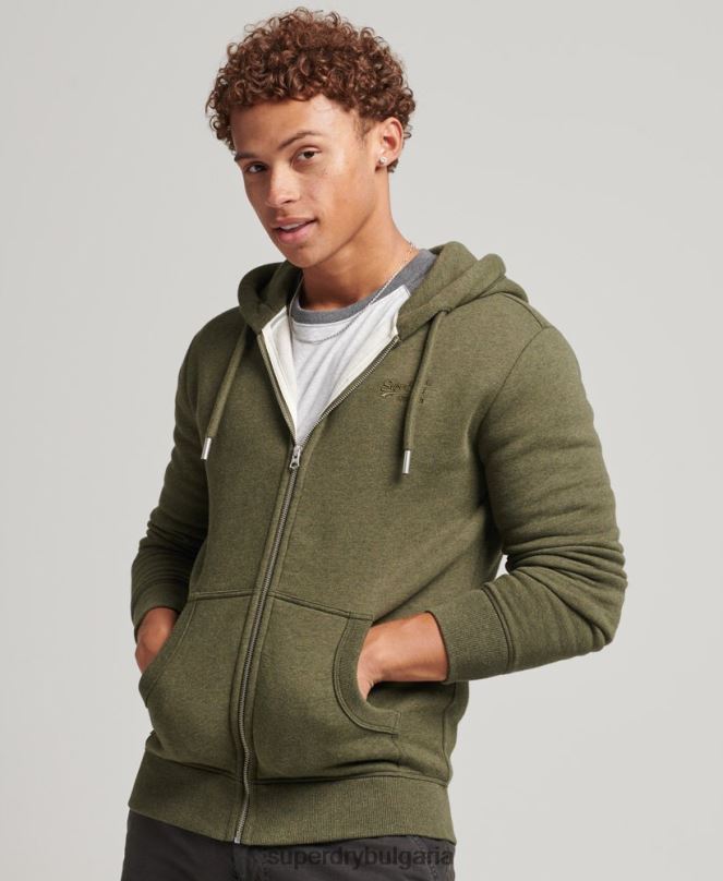 Superdry облекло N00H559 каки мъже качулка с ретро лого и цип от органичен памук