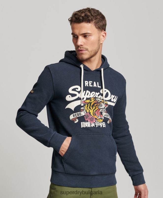 Superdry облекло N00H568 военноморски флот мъже винтидж качулка с лого