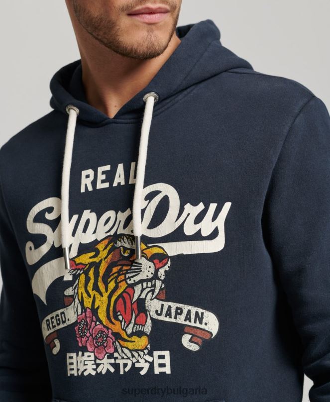 Superdry облекло N00H568 военноморски флот мъже винтидж качулка с лого