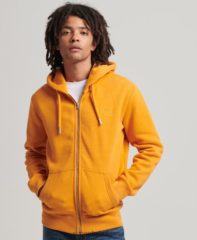 Superdry облекло N00H580 жълто мъже качулка с ретро лого и цип от органичен памук