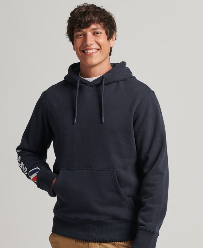 Superdry облекло N00H583 военноморски флот мъже качулка с апликации