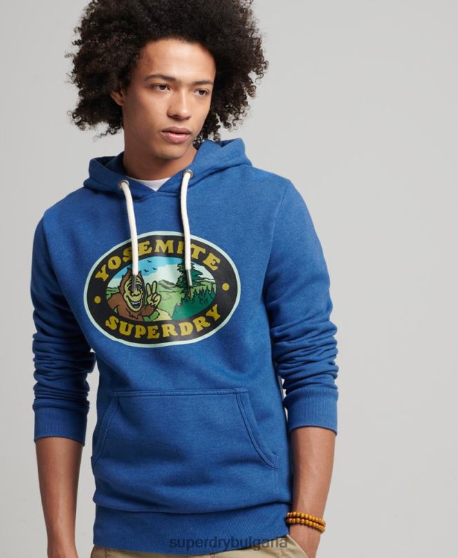 Superdry облекло N00H587 тъмно синьо мъже качулка с стикер за пътуване