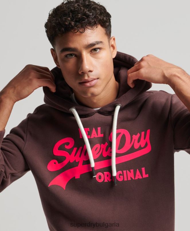 Superdry облекло N00H588 кафяво мъже неонова качулка с винтидж лого
