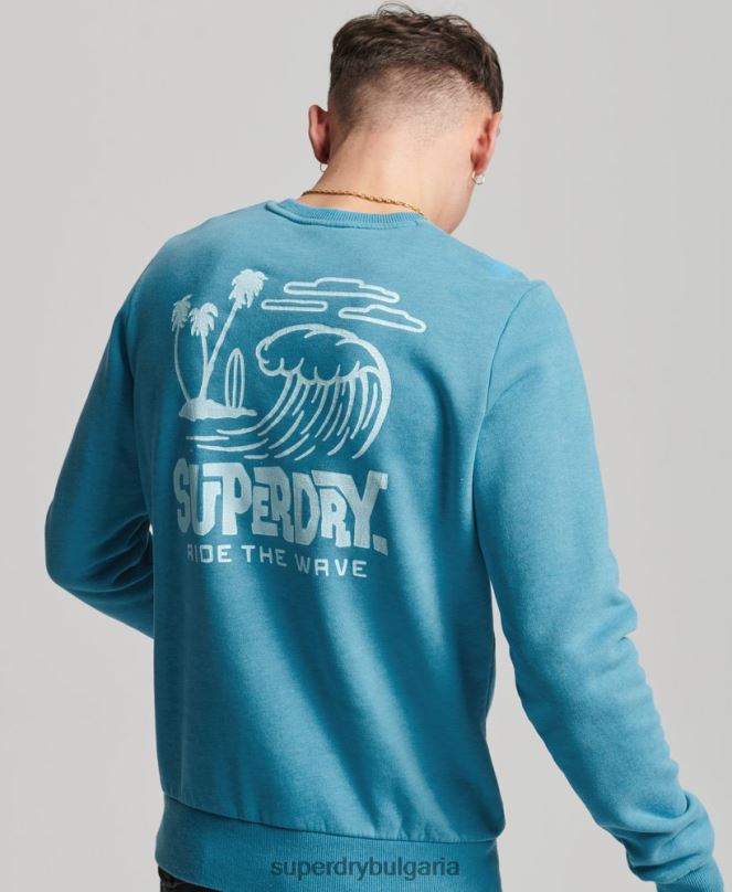 Superdry облекло N00H589 син мъже стикер за пътуване суитшърт на екипажа