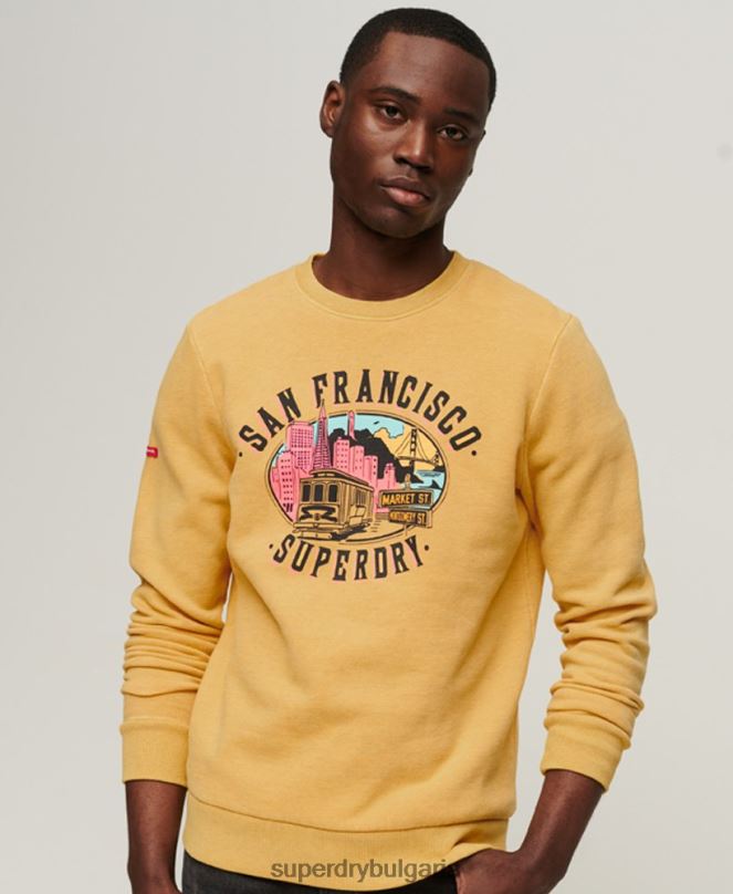 Superdry облекло N00H606 жълто мъже винтидж градски сувенирен суичър на екипажа