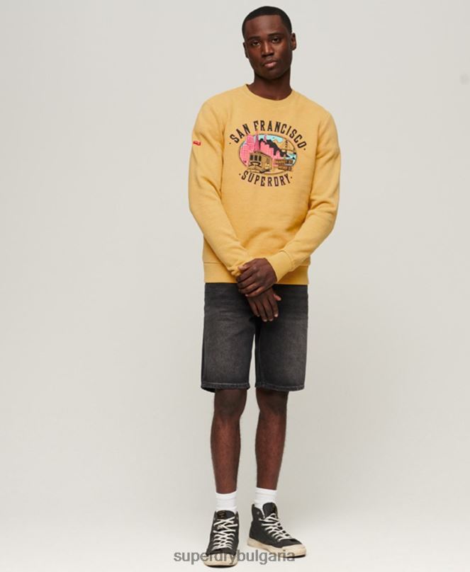 Superdry облекло N00H606 жълто мъже винтидж градски сувенирен суичър на екипажа