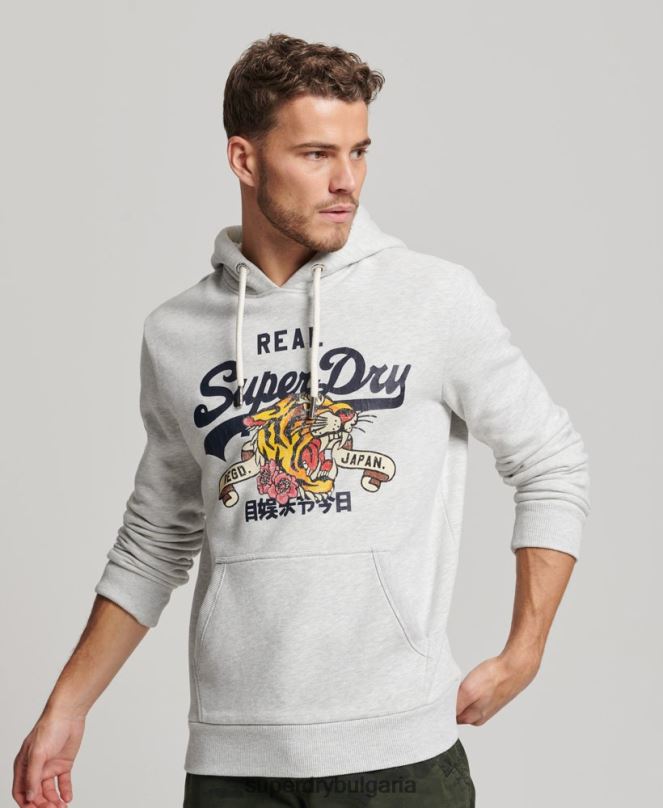 Superdry облекло N00H615 светло сив мъже винтидж качулка с лого