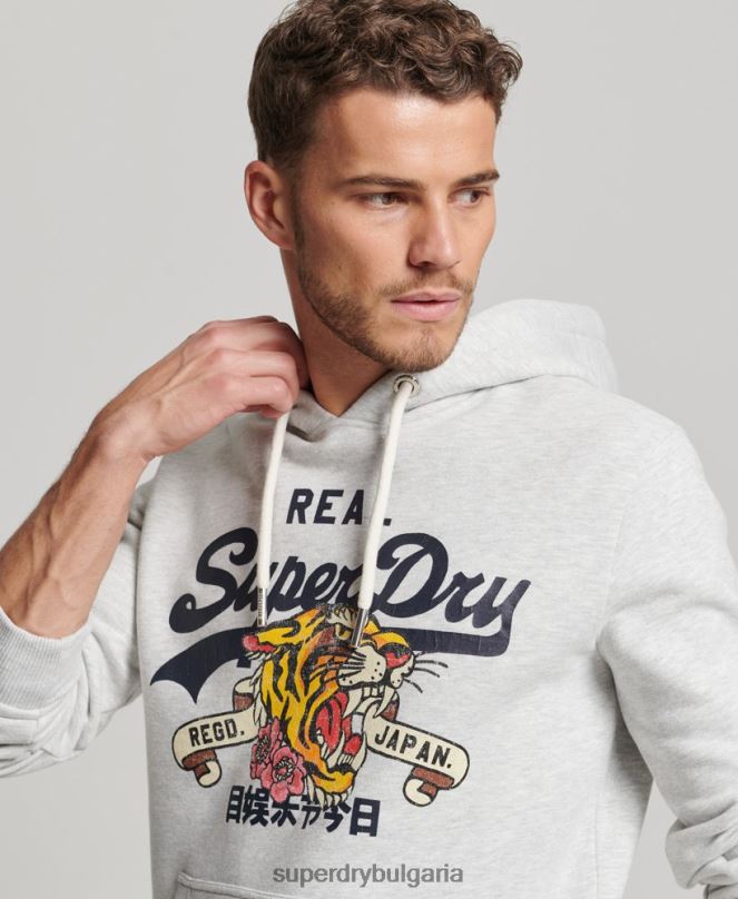 Superdry облекло N00H615 светло сив мъже винтидж качулка с лого