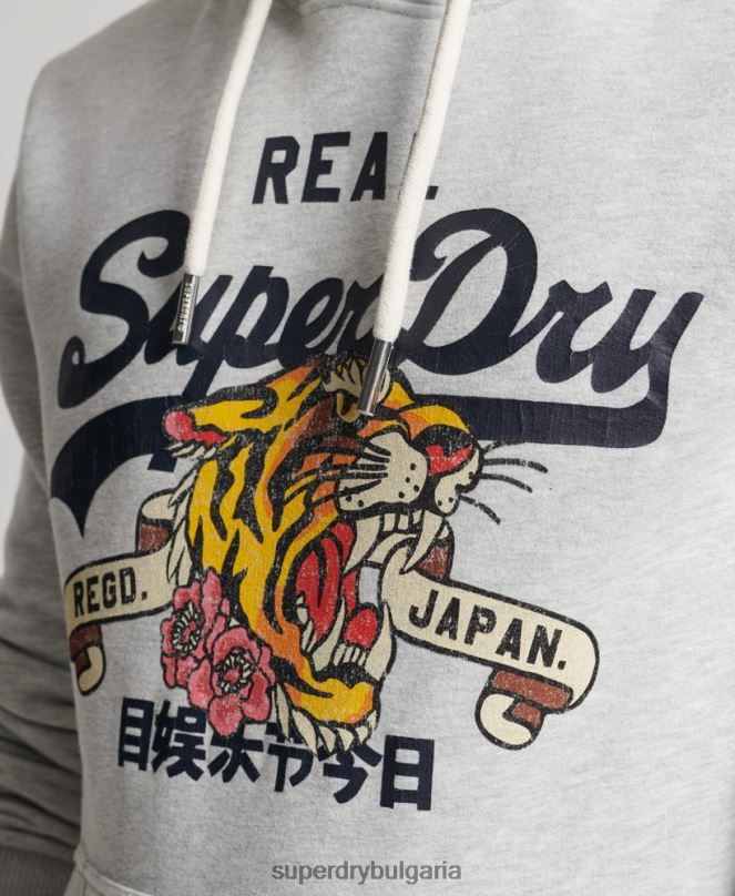 Superdry облекло N00H615 светло сив мъже винтидж качулка с лого