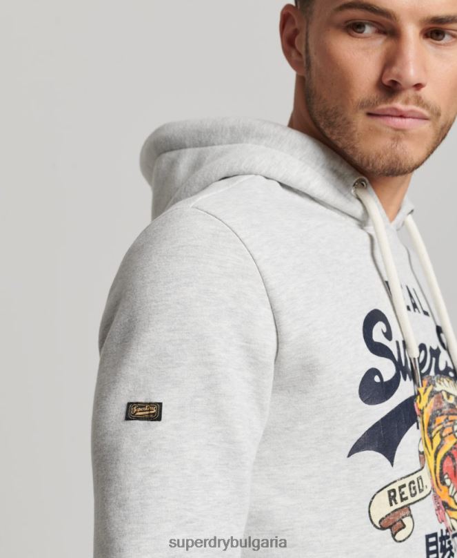 Superdry облекло N00H615 светло сив мъже винтидж качулка с лого