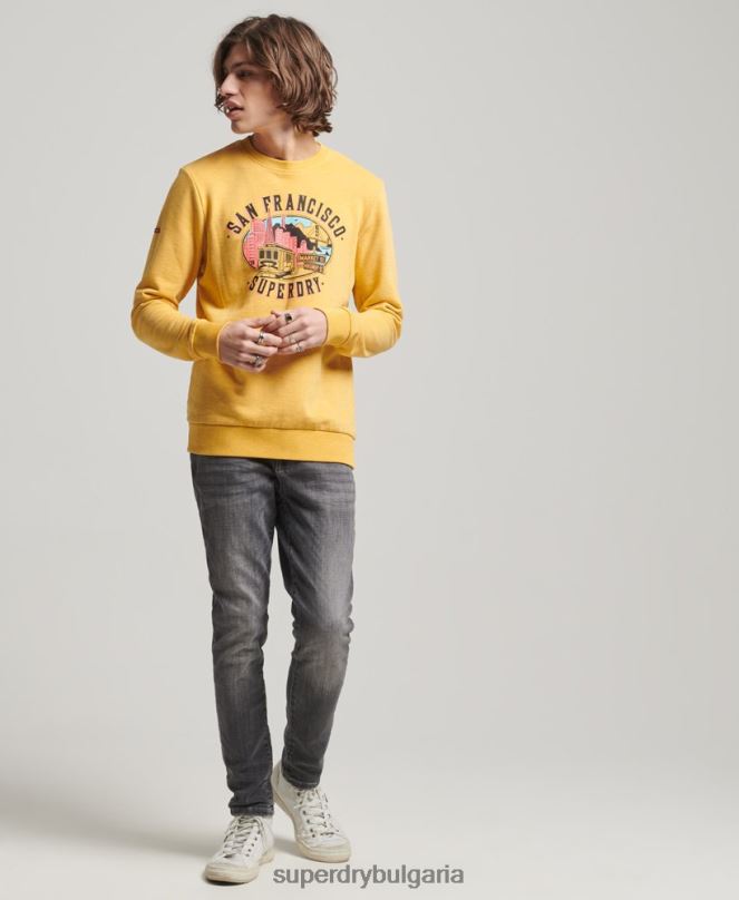 Superdry облекло N00H622 жълто мъже градски сувенирен суичър на екипажа