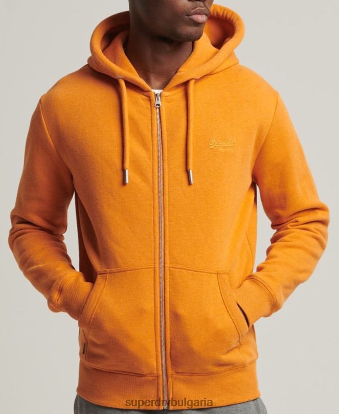 Superdry облекло N00H624 жълто мъже ретро суичър с лого и цип от органичен памук