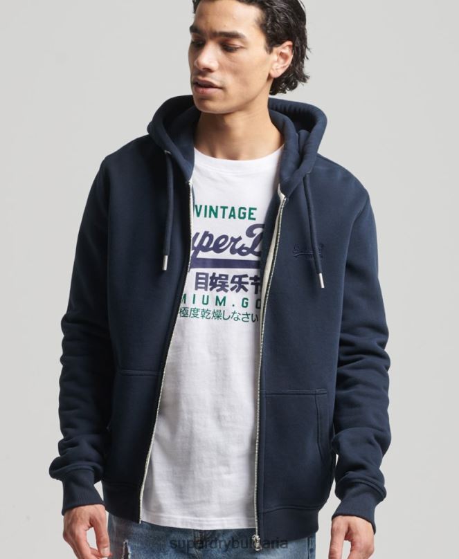 Superdry облекло N00H626 военноморски флот мъже качулка с ретро лого и цип от органичен памук