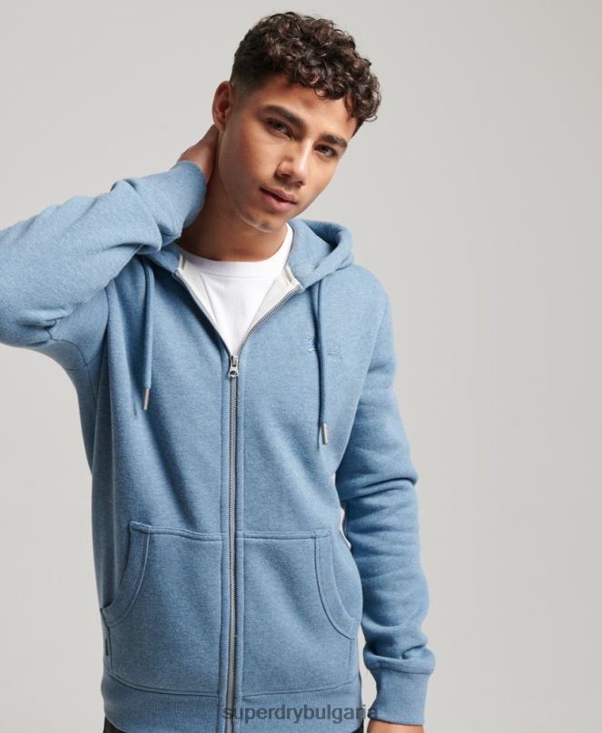 Superdry облекло N00H627 светло синьо мъже ретро суичър с цип с бродирано лого