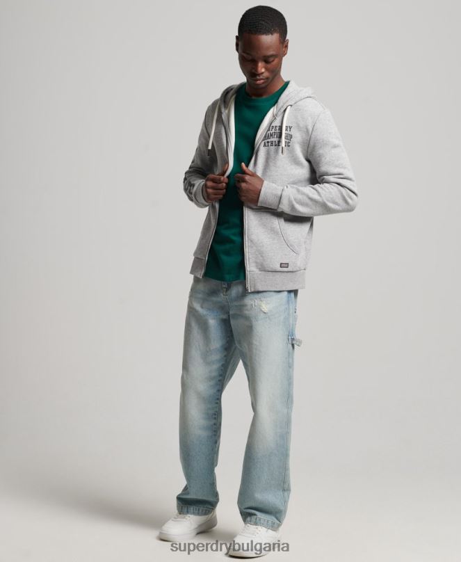 Superdry облекло N00H633 сиво мъже спортна качулка с цип за фитнес