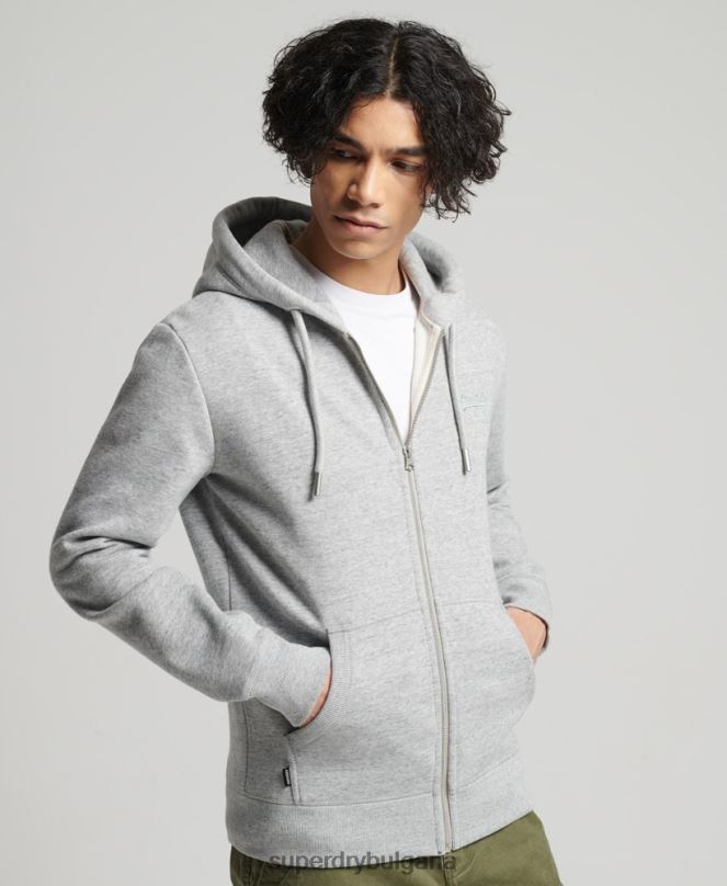 Superdry облекло N00H640 сиво мъже качулка с ретро лого и цип от органичен памук