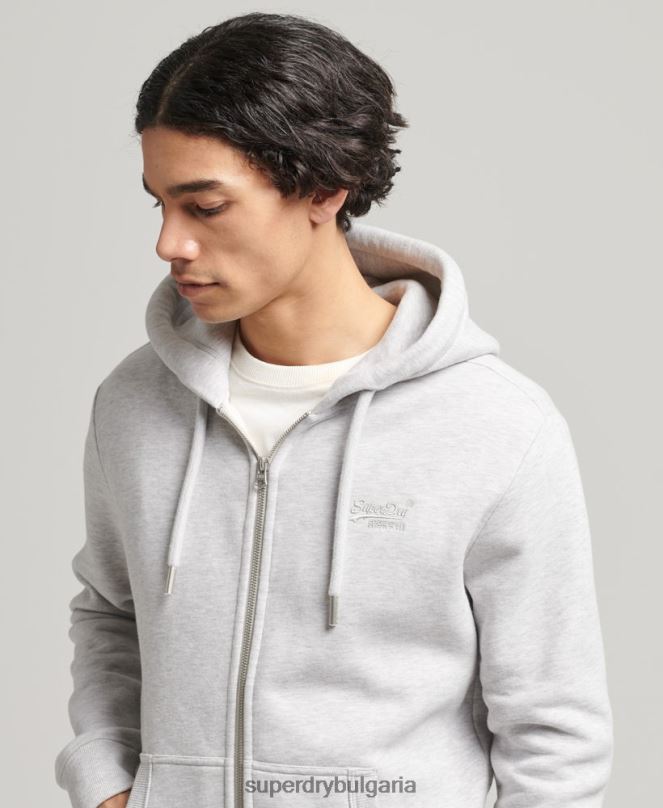 Superdry облекло N00H641 светло сив мъже качулка с ретро лого и цип от органичен памук