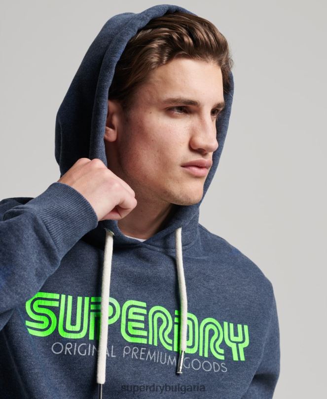 Superdry облекло N00H651 син мъже винтидж ретро повтаряща се качулка