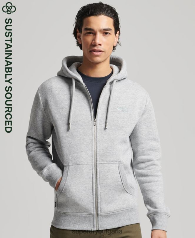 Superdry облекло N00H652 сиво мъже качулка с ретро лого и цип от органичен памук