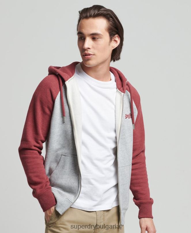 Superdry облекло N00H674 светло сив мъже качулка с ретро бейзболно лого от органичен памук